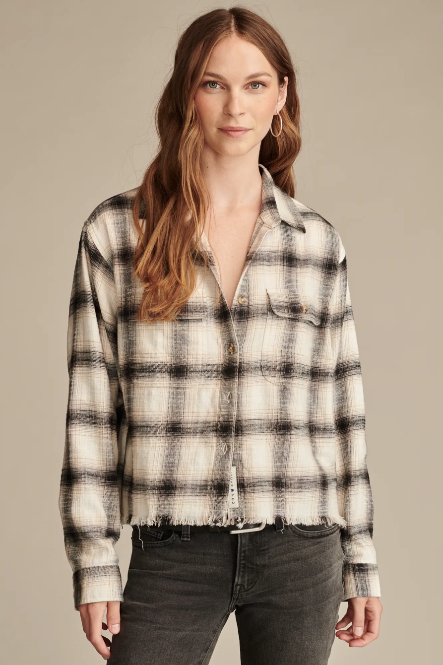 RAW EDGE FLANNEL CROPPED BUTTON DOWN SHIRT, image 1
