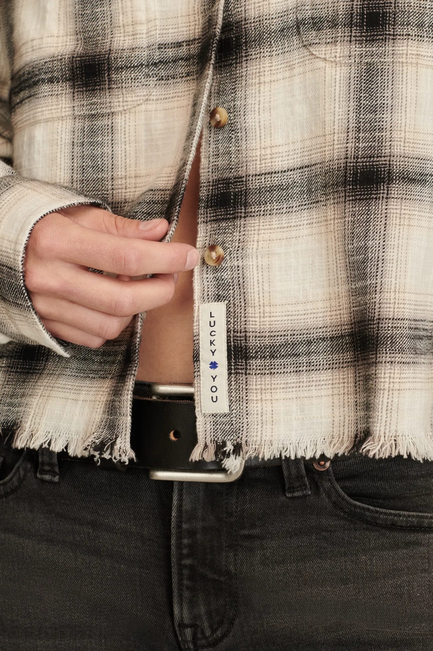 RAW EDGE FLANNEL CROPPED BUTTON DOWN SHIRT, image 2
