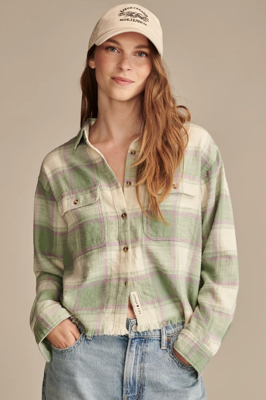 RAW EDGE FLANNEL CROPPED BUTTON DOWN SHIRT, image 1