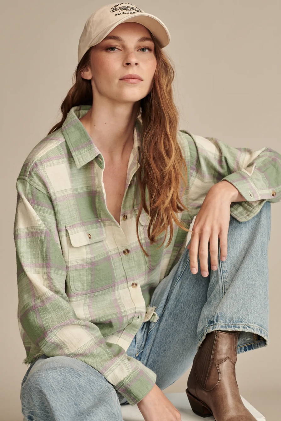 RAW EDGE FLANNEL CROPPED BUTTON DOWN SHIRT, image 3
