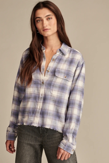 RAW EDGE FLANNEL CROPPED BUTTON DOWN SHIRT, image 1