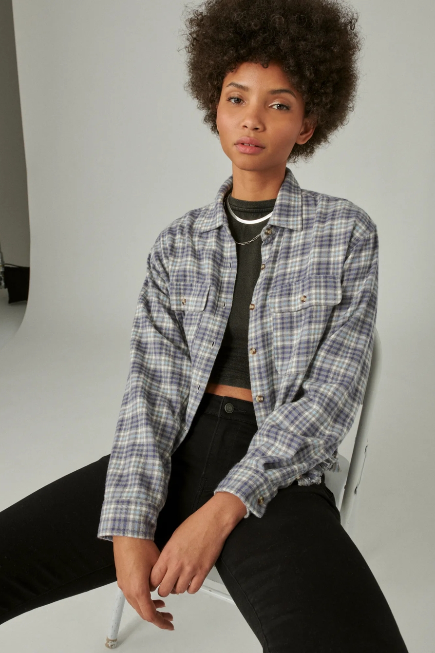 RAW EDGE FLANNEL CROPPED BUTTON DOWN SHIRT, image 1