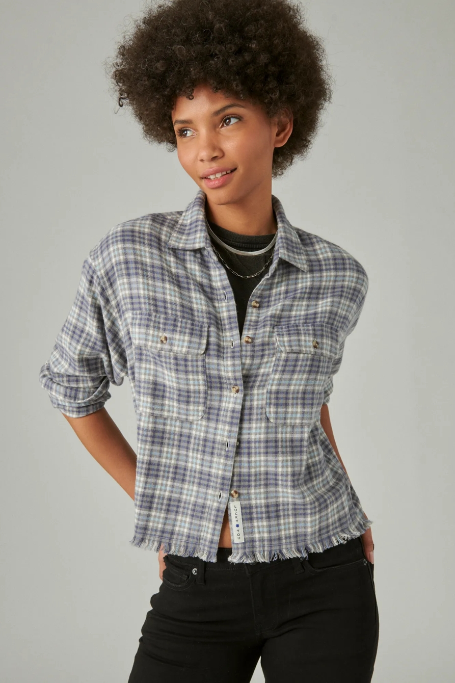 RAW EDGE FLANNEL CROPPED BUTTON DOWN SHIRT, image 2
