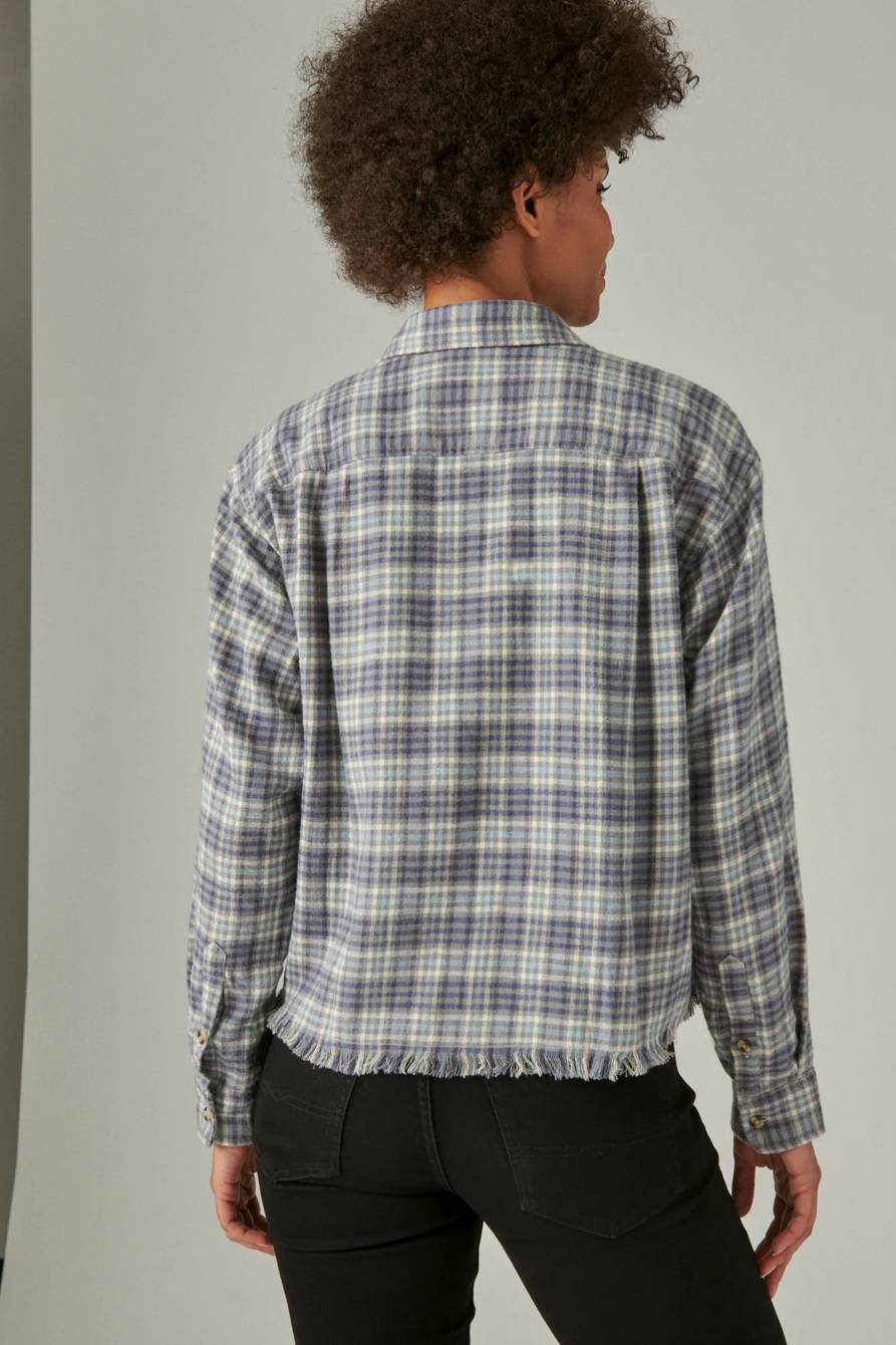 RAW EDGE FLANNEL CROPPED BUTTON DOWN SHIRT, image 3