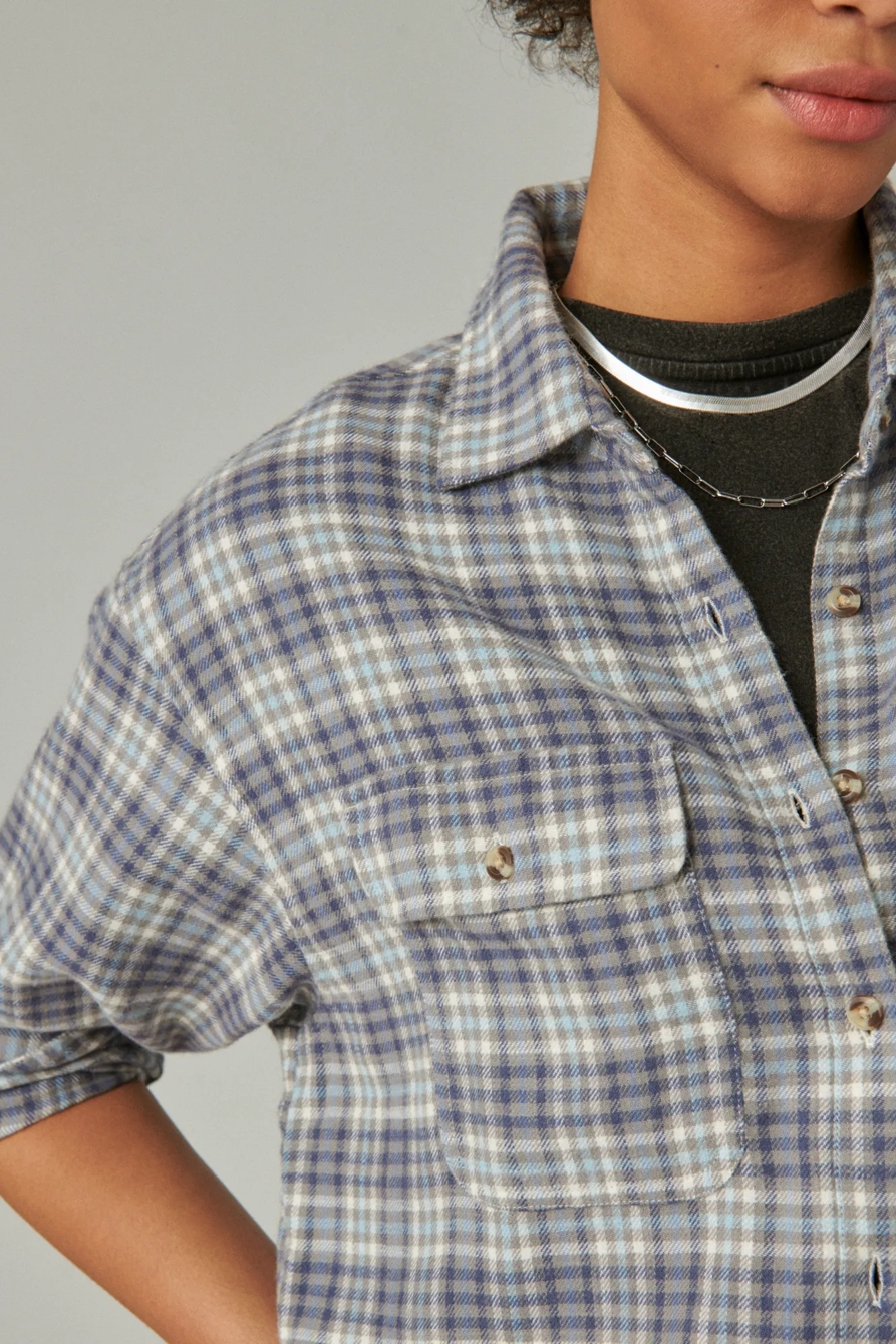 RAW EDGE FLANNEL CROPPED BUTTON DOWN SHIRT, image 4