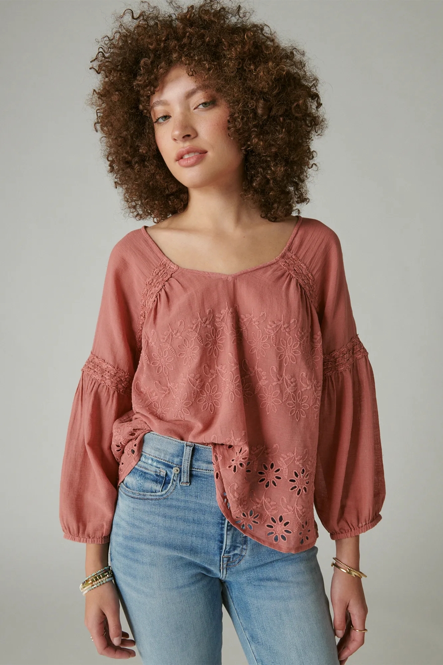EYELET EMBROIDERED PEASANT TOP, image 1