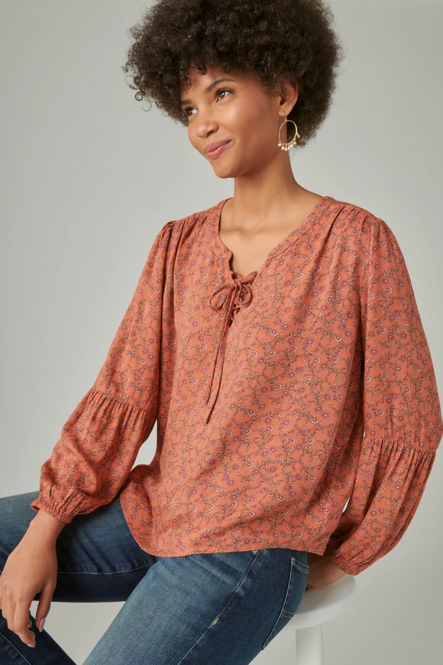 LONG SLEEVE PRINTED LACE UP BLOUSE, image 1