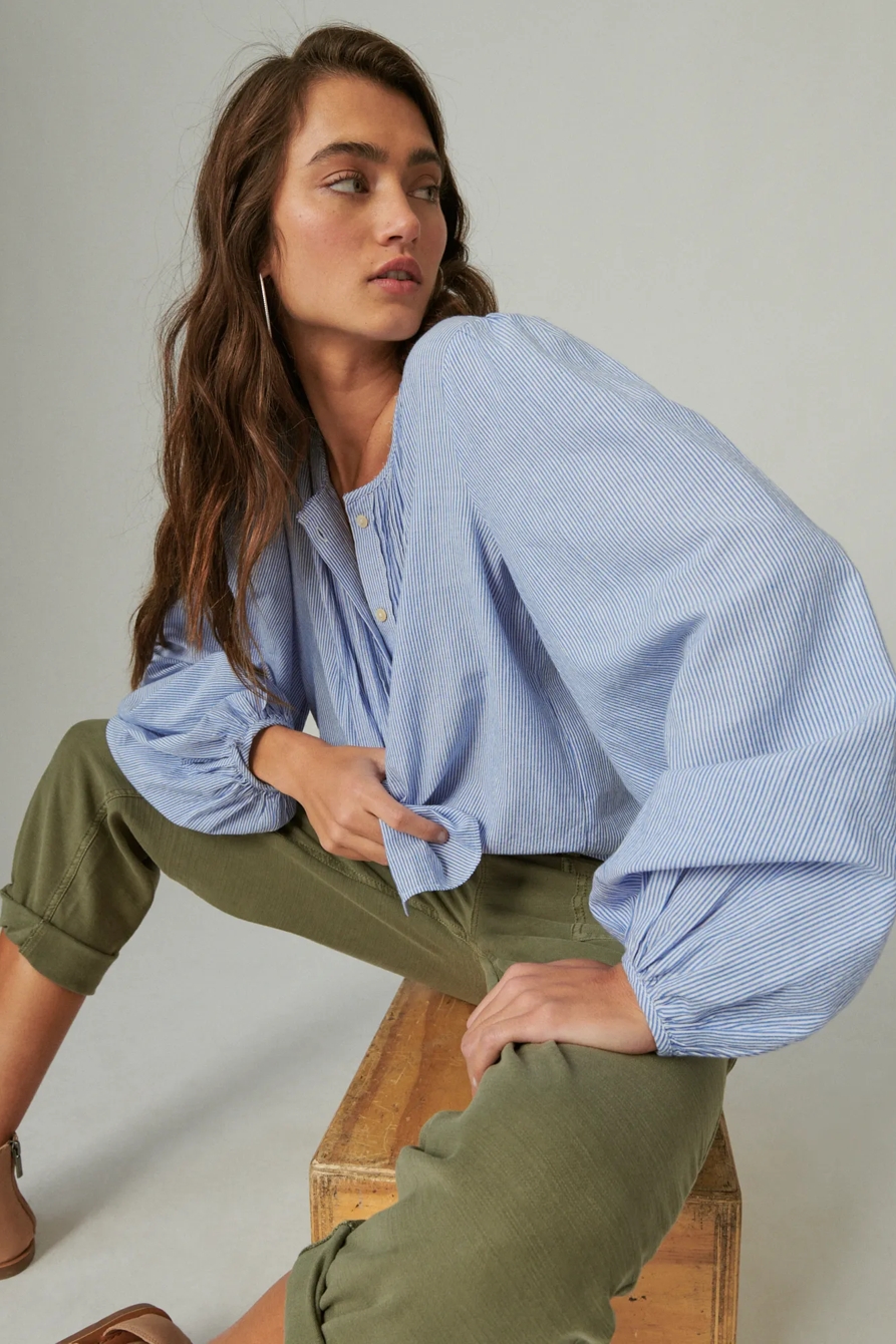 STRIPED BUTTON DOWN PINTUCK TOP, image 2
