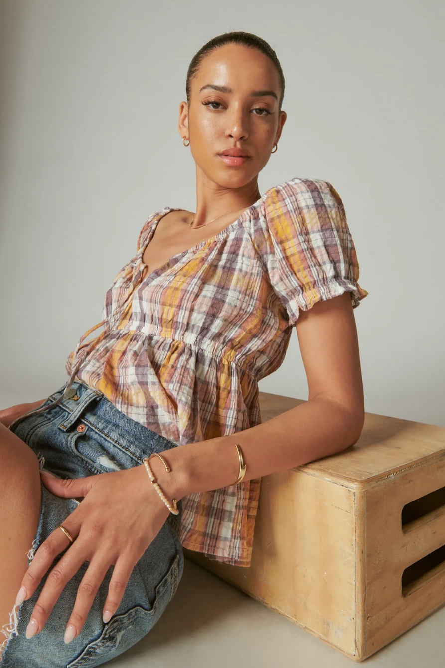 TIE FRONT PLAID BABYDOLL TOP, image 2