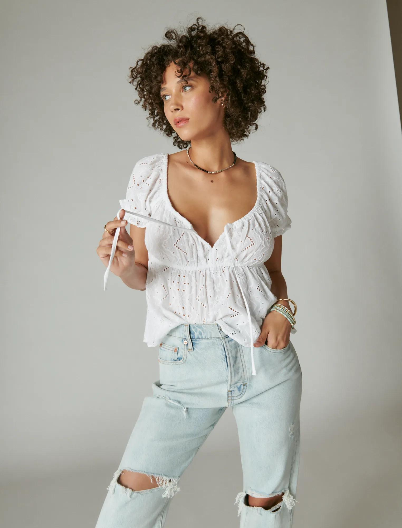 Cotton Flyaway レディース Tie-Front Babydoll Top 売れ筋商品|||ラッキーブランド カットソー Stripe Women's トップス Blue