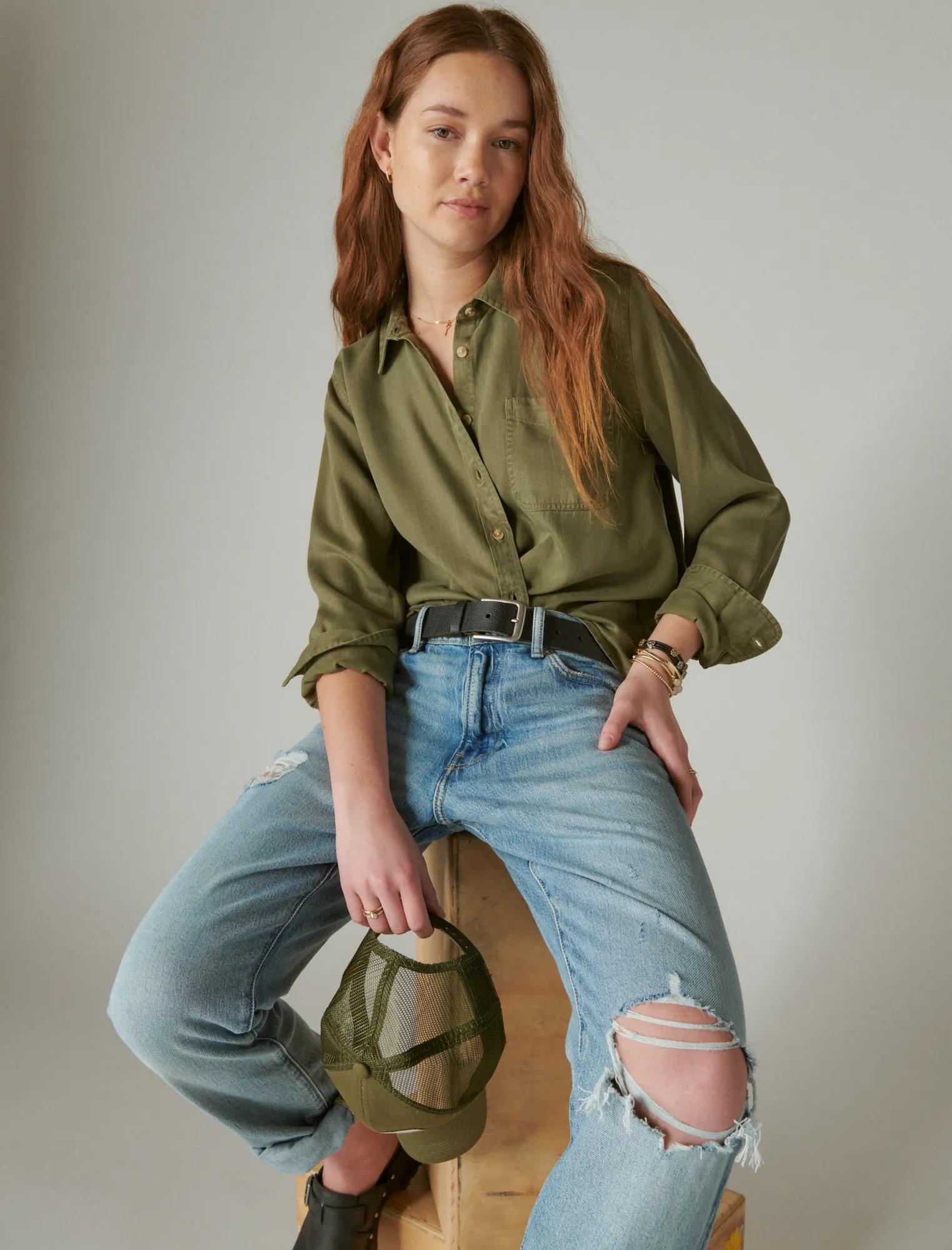 Lucky Brand Camicia da Donna a Righe Boyfriend Button Down, Bianco Brillante, XL