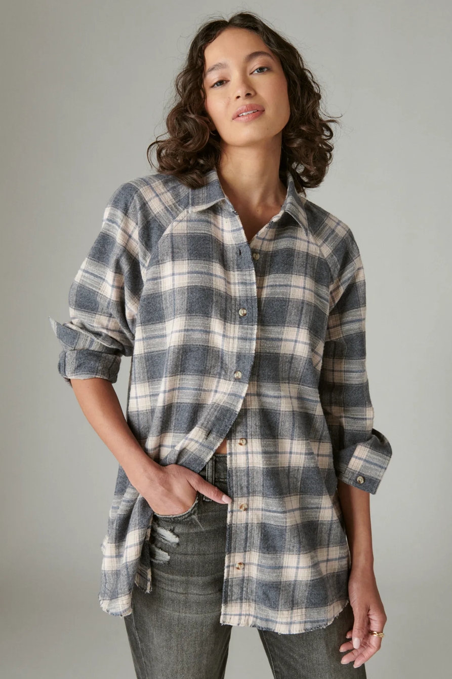 OVERSIZED DISTRESSED PLAID FLANNEL TUNIC, image 1