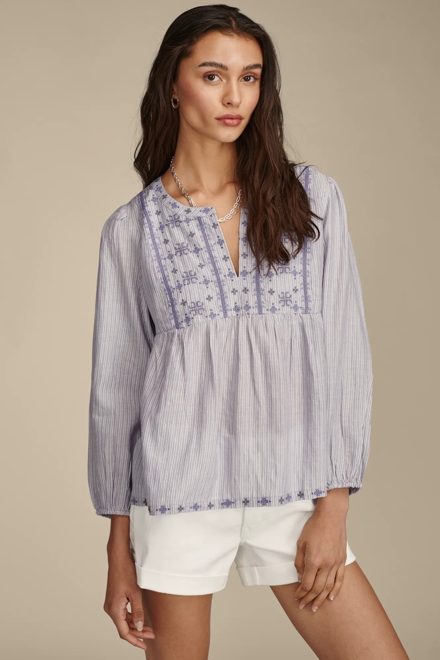 STRIPED NOTCH NECK PEASANT BLOUSE, image 2