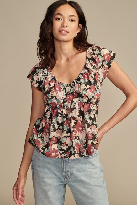 PUFF SLEEVE BABY DOLL LACED BACK SHIRT, image 1