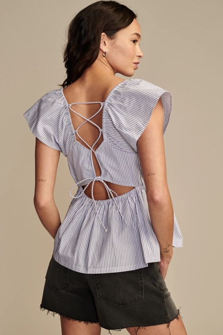 PUFF SLEEVE BABY DOLL LACED BACK SHIRT, image 1