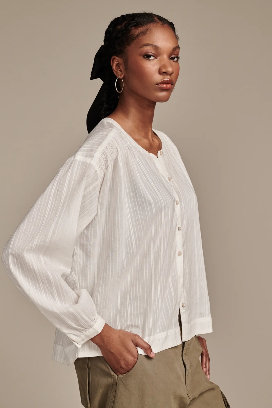 SOLID DOBBY SMOCKED DETAIL BLOUSE, image 3
