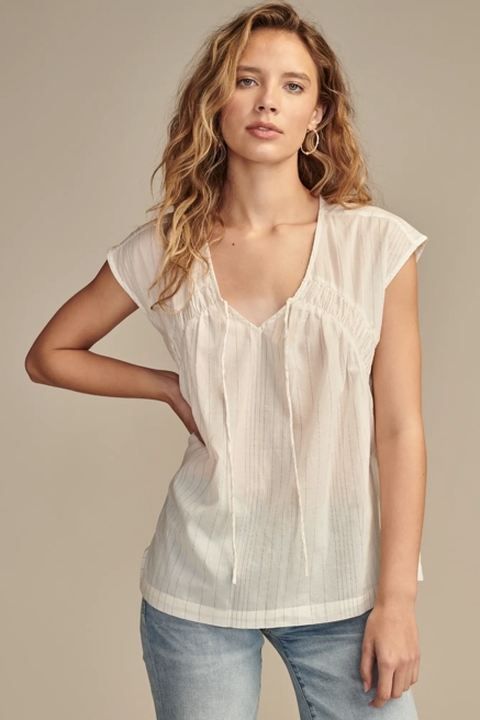 LINED RUCHED TIE FRONT SHORT SLEEVE SHIRT, image 1