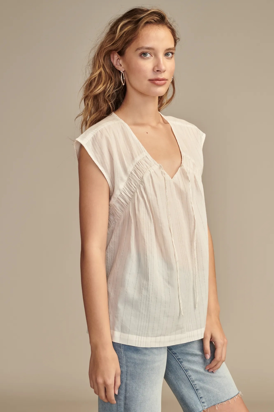 LINED RUCHED TIE FRONT SHORT SLEEVE SHIRT, image 3