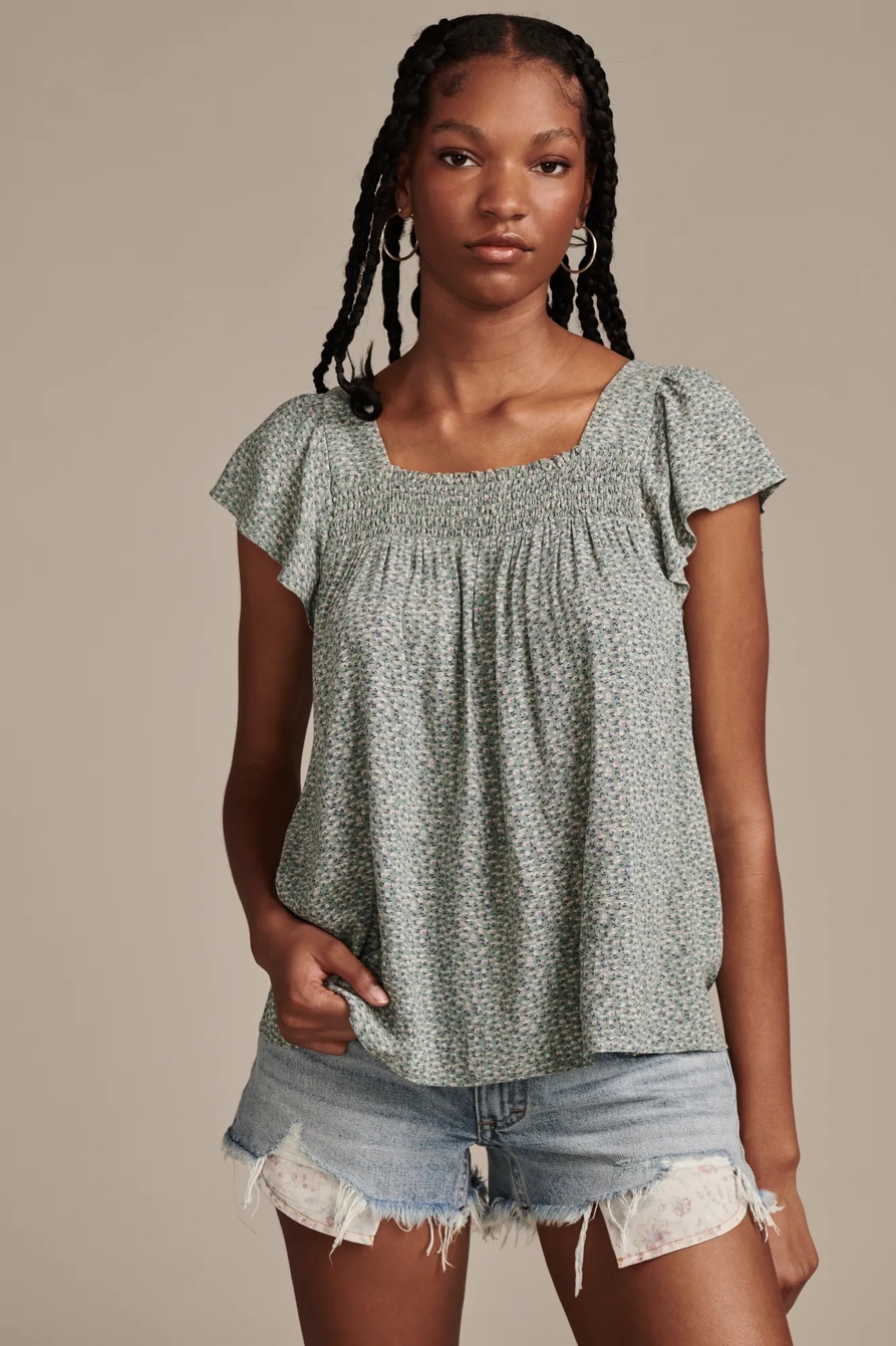 SMOCKED NECK FLUTTER SLV TOP, image 1