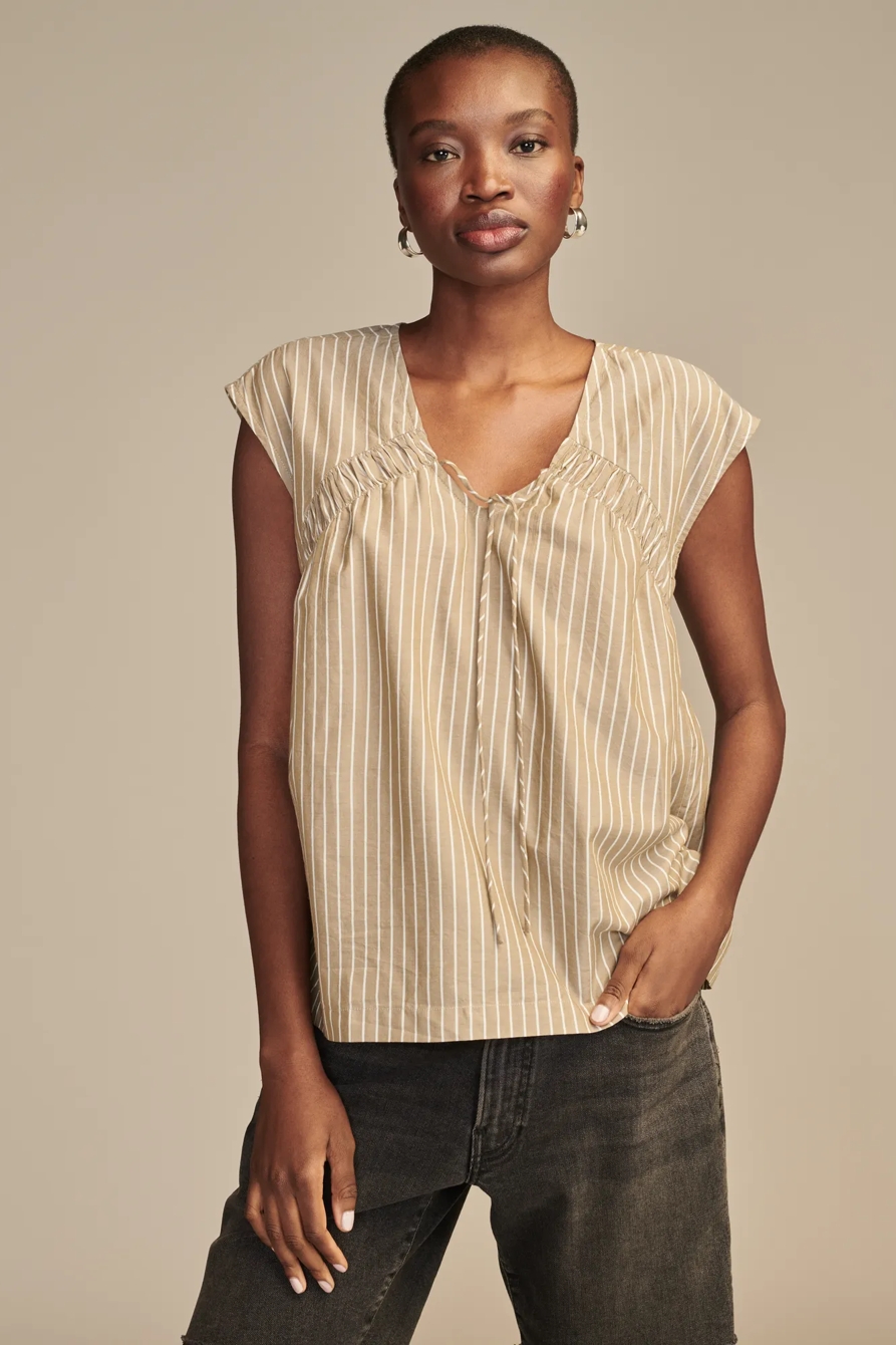 STRIPED RUCHED TIE FRONT SHORT SLEEVE SHIRT, image 1