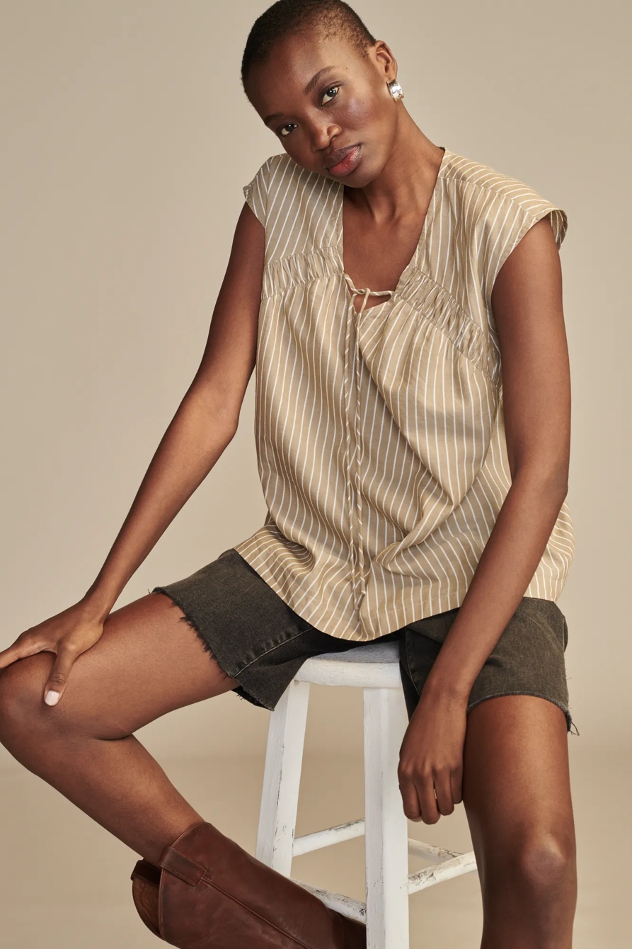STRIPED RUCHED TIE FRONT SHORT SLEEVE SHIRT, image 2