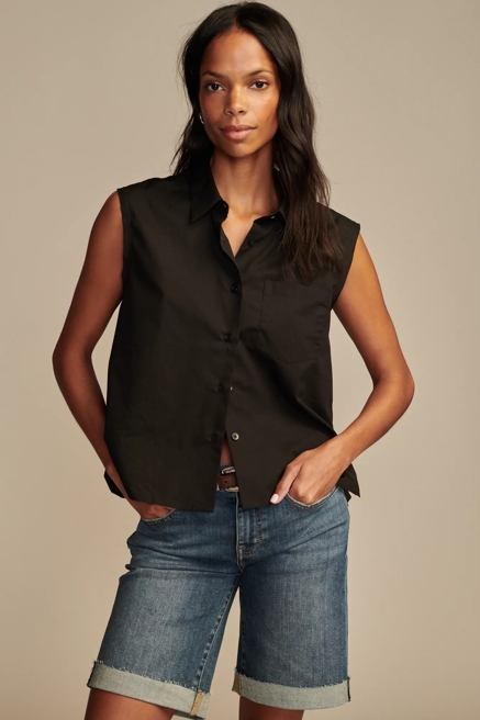 BUBBLE HEM SLEEVELESS BUTTON DOWN, image 1