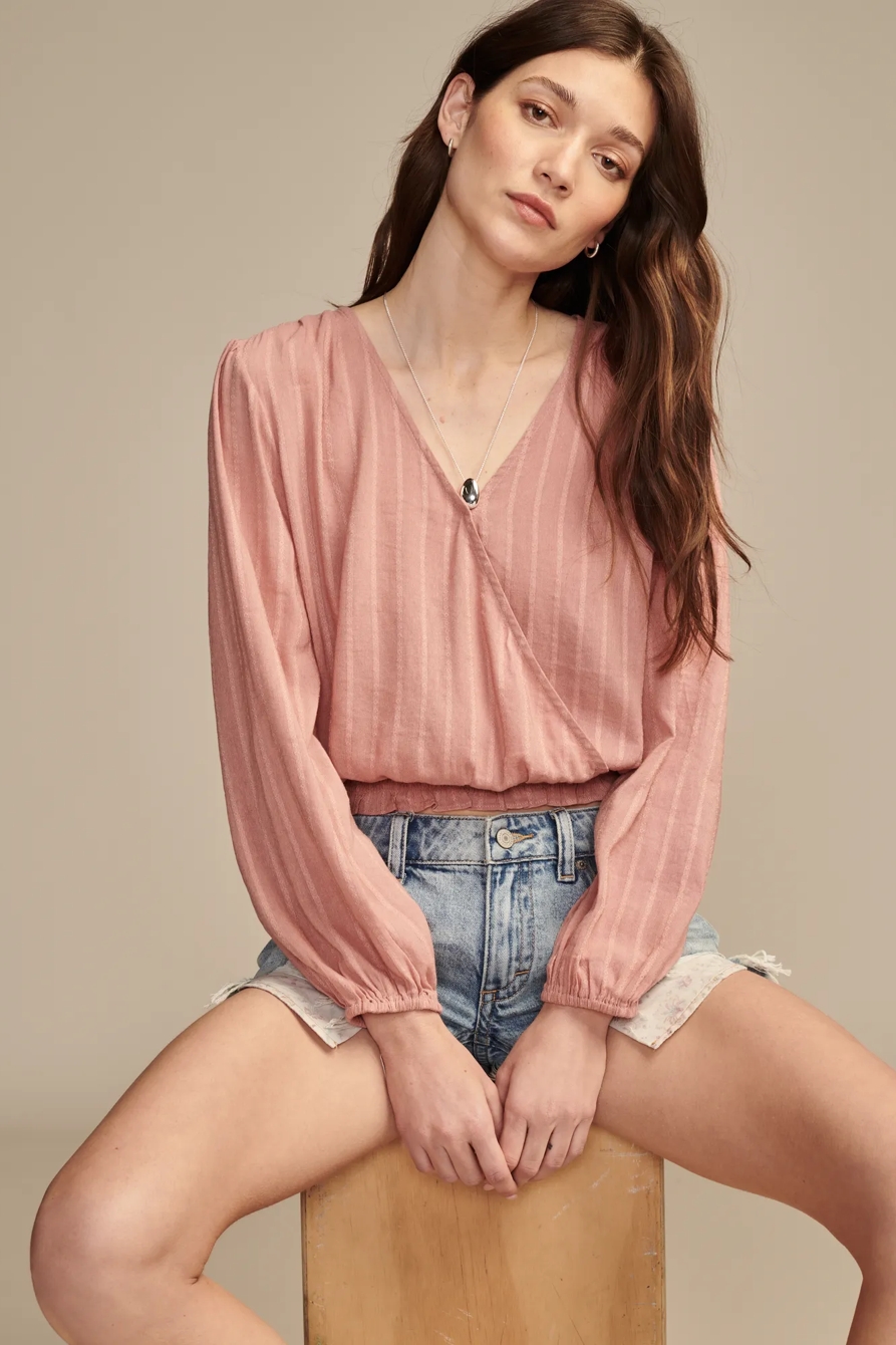 LONG SLEEVE WRAP SMOCKED TOP, image 2