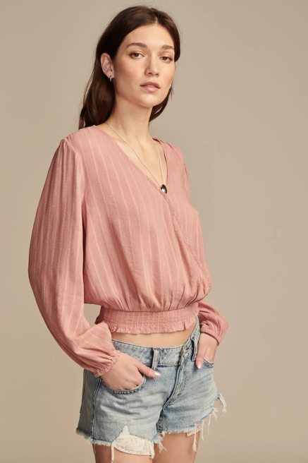 LONG SLEEVE WRAP SMOCKED TOP, image 4