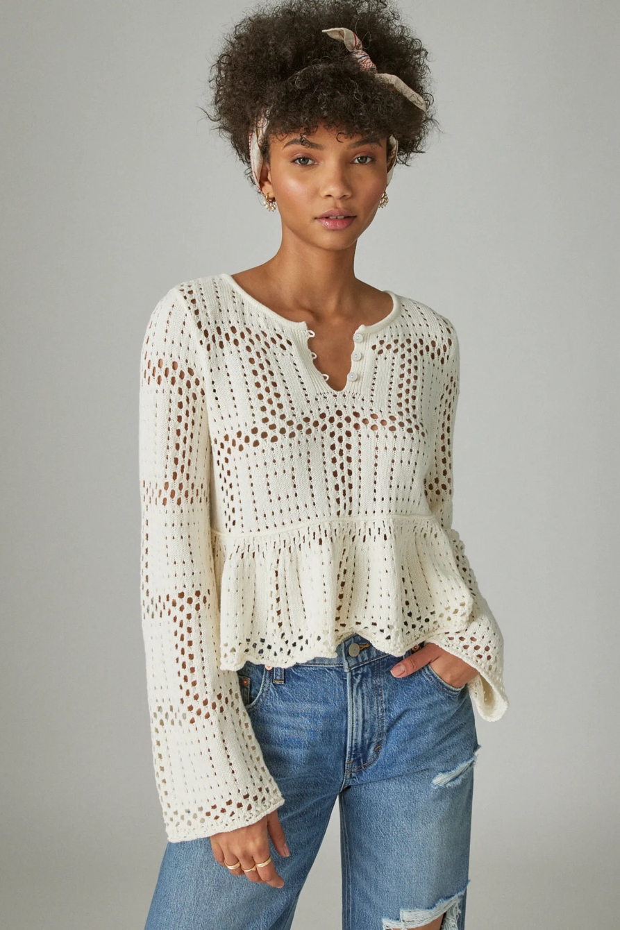 OPEN STITCH PEPLUM LONG SLEEVE SWEATER, image 2