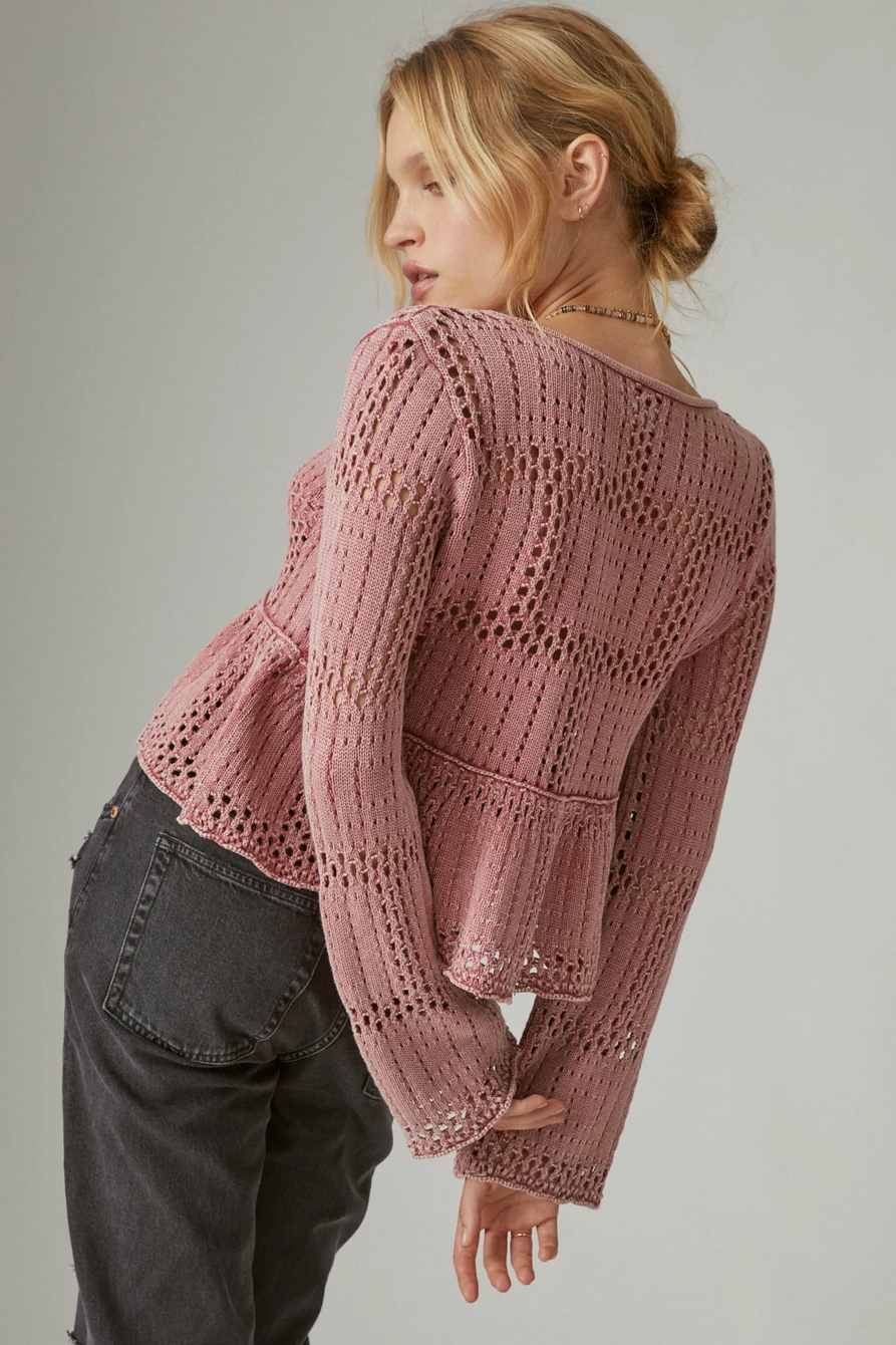 OPEN STITCH PEPLUM LONG SLEEVE SWEATER, image 2