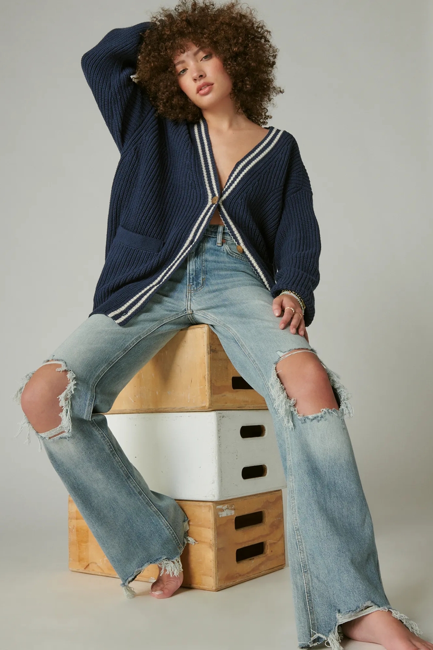 ラッキーブランド Lucky Brand Textured Varsity Cardigan レディース Sweaters Cadet Navy Co TEXTURED VARSITY CARDIGAN | Lucky Brand