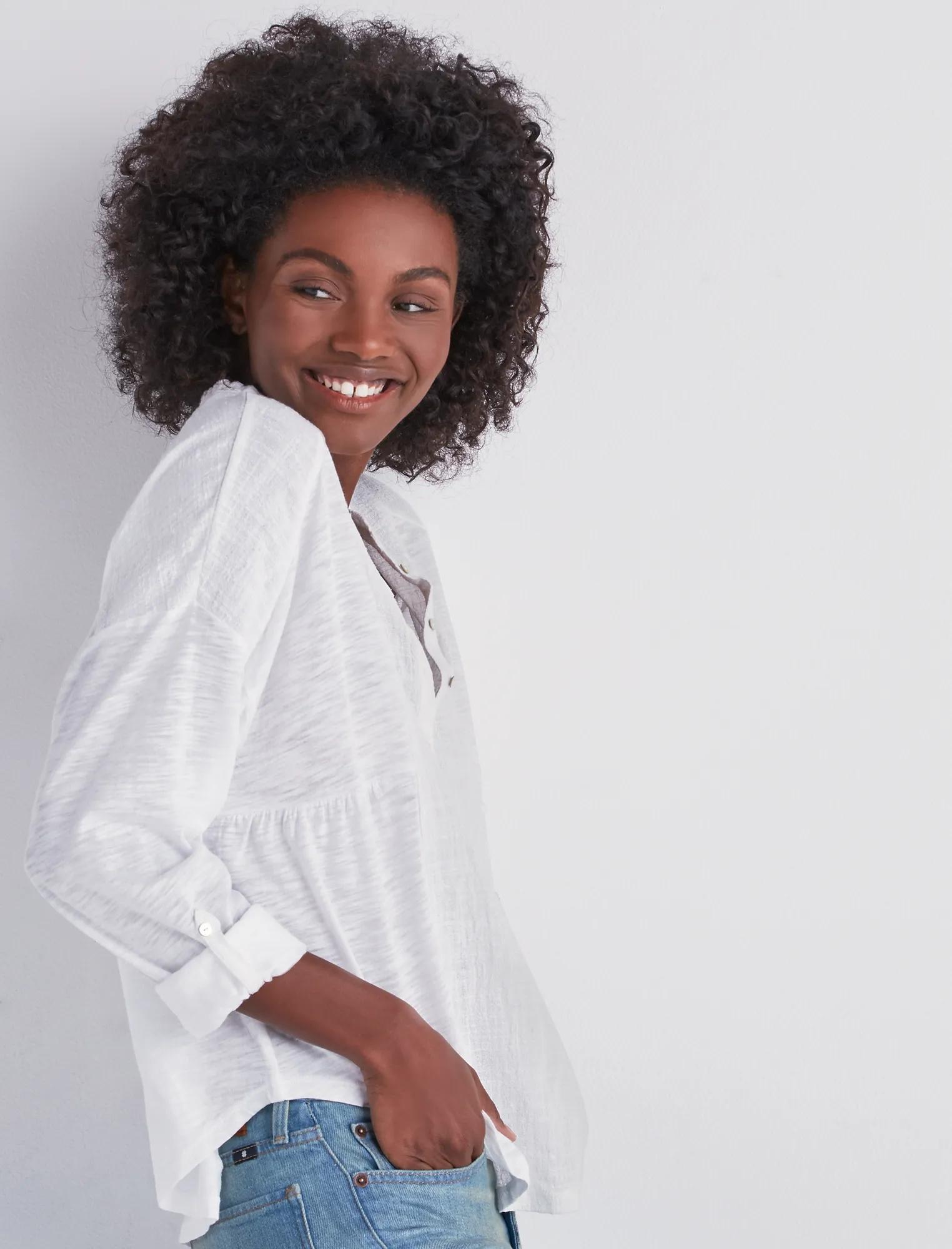 WOVEN GAUZE MIX HENLEY TOP | Lucky Brand