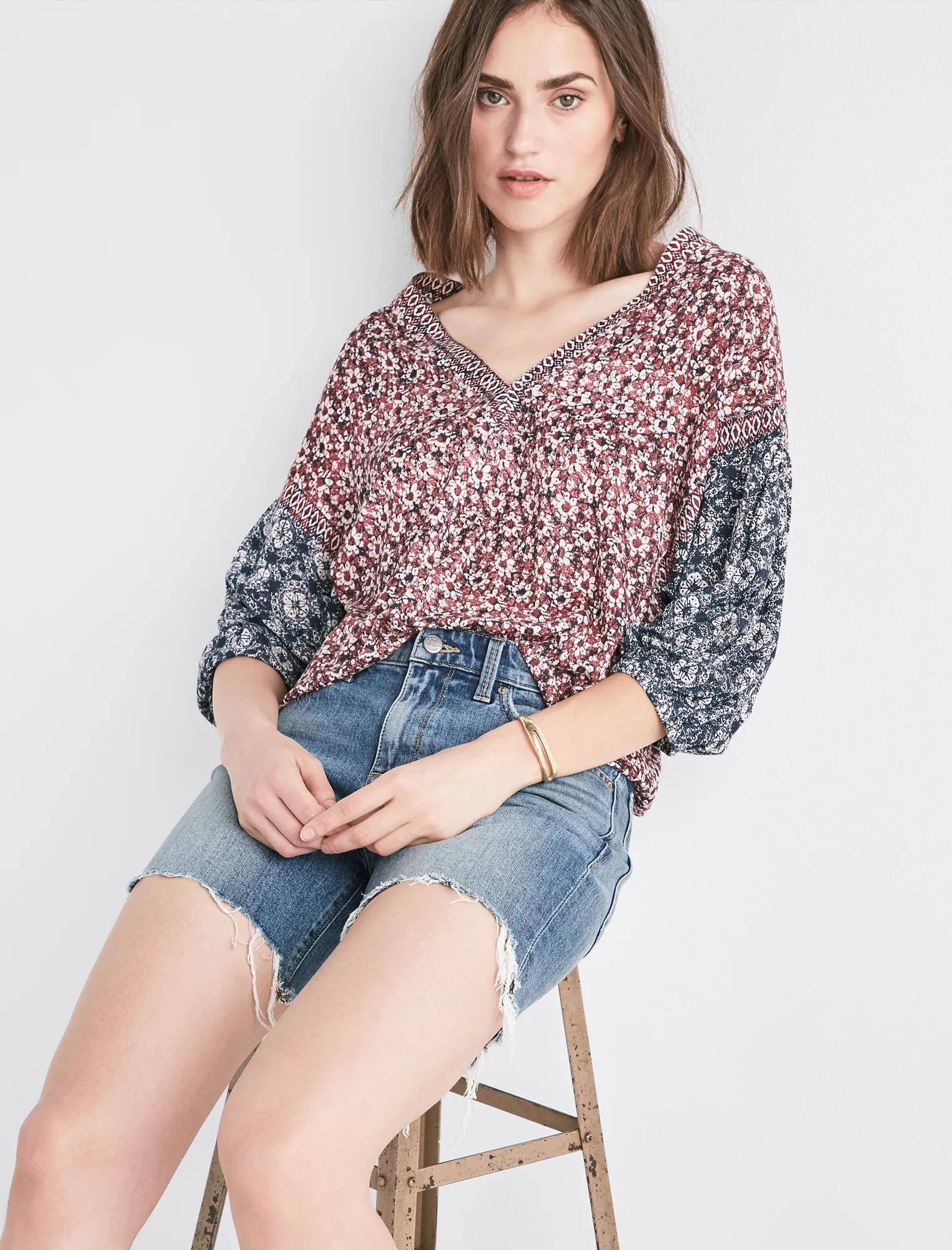 TEXTURE BANDED BOTTOM PEASANT TOP, image 1