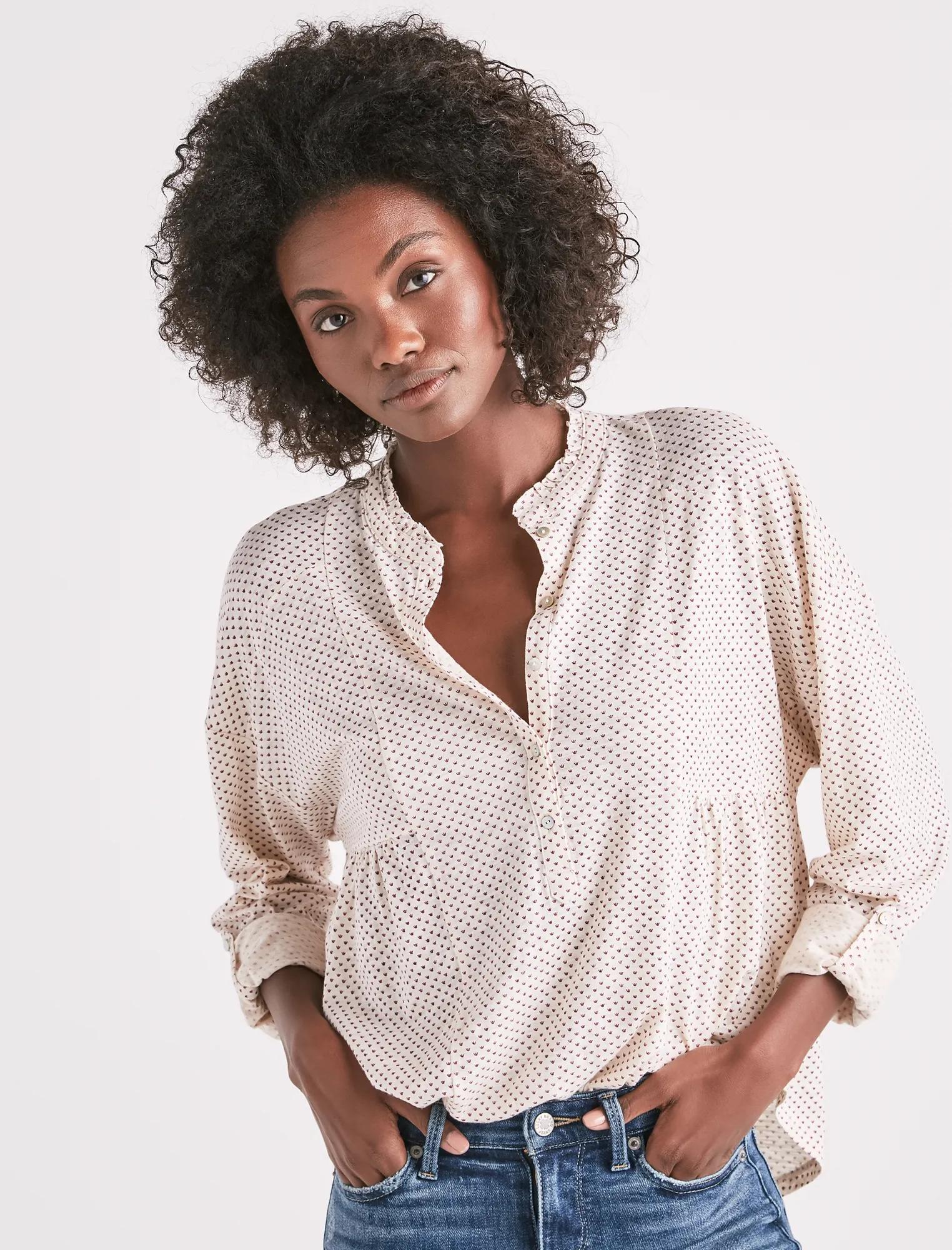 GAUZE MIX LONG SLEEVE HENLEY TOP, image 1