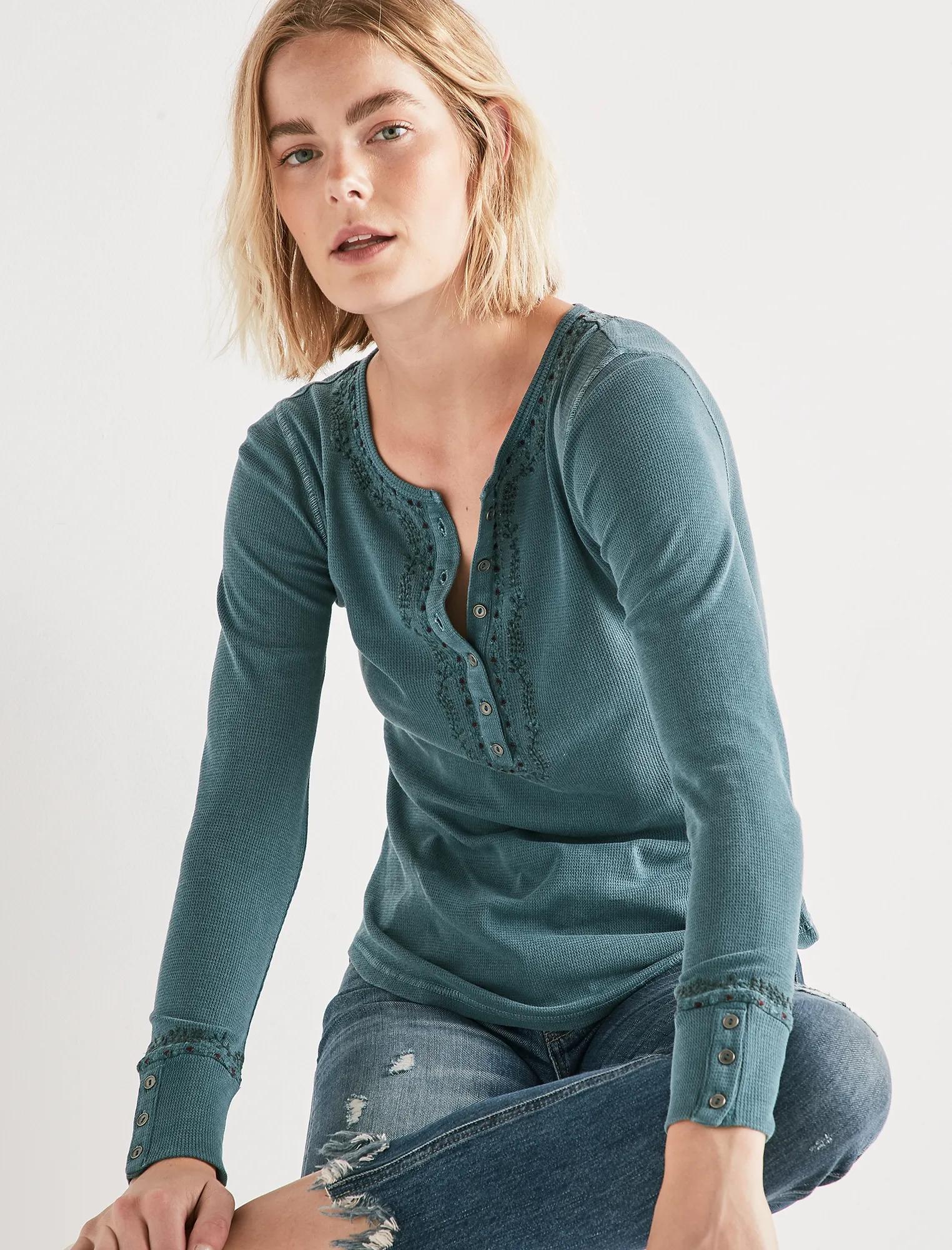 Embroidered Thermal Henley, image 1