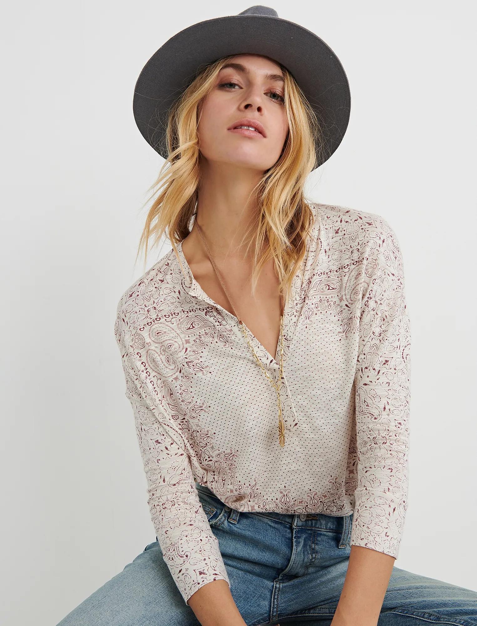 BANDANA PRINT 3/4 SLEEVE HENLEY, image 1