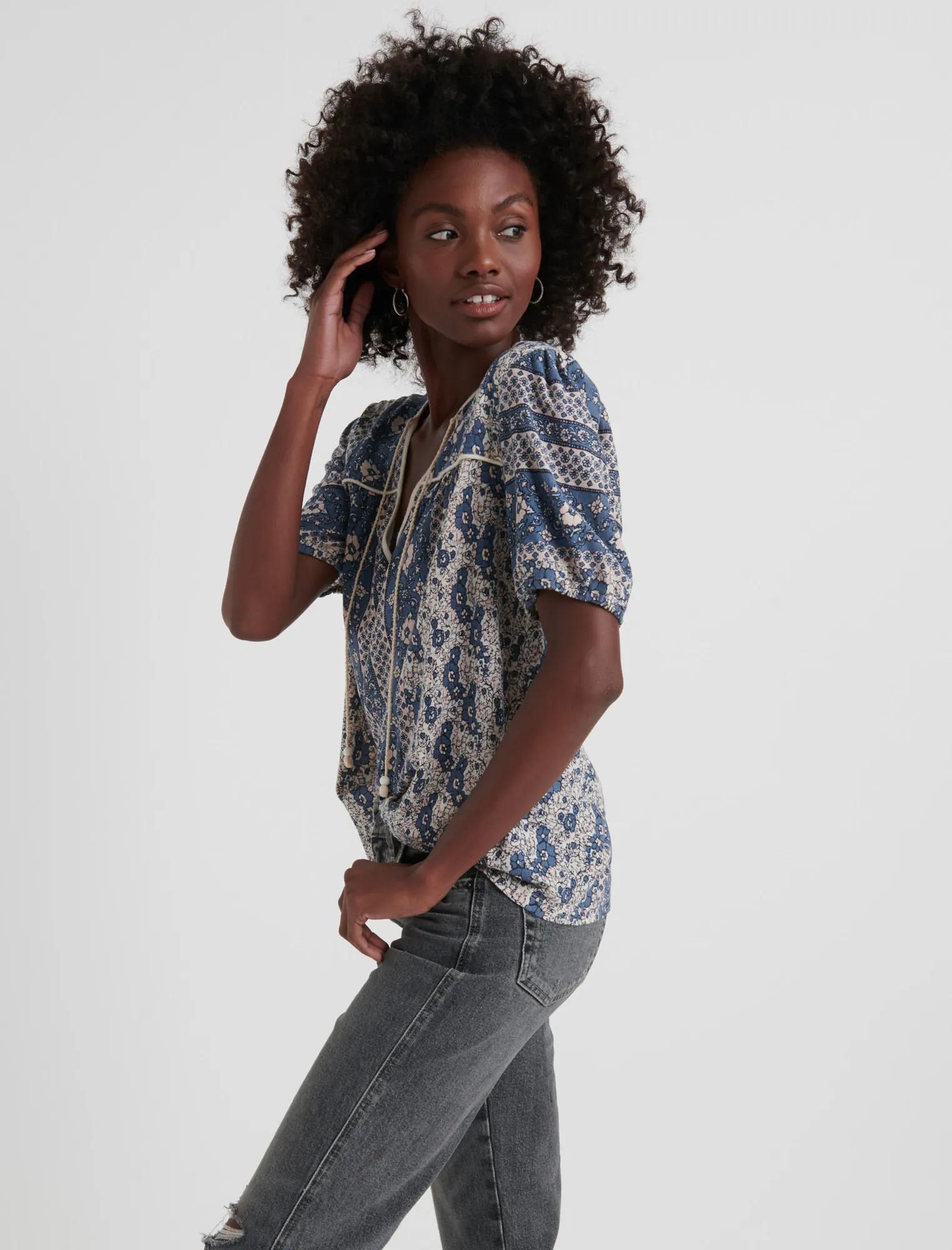PRINTED SHORT SLEEVE PEASANT TOP, image 2