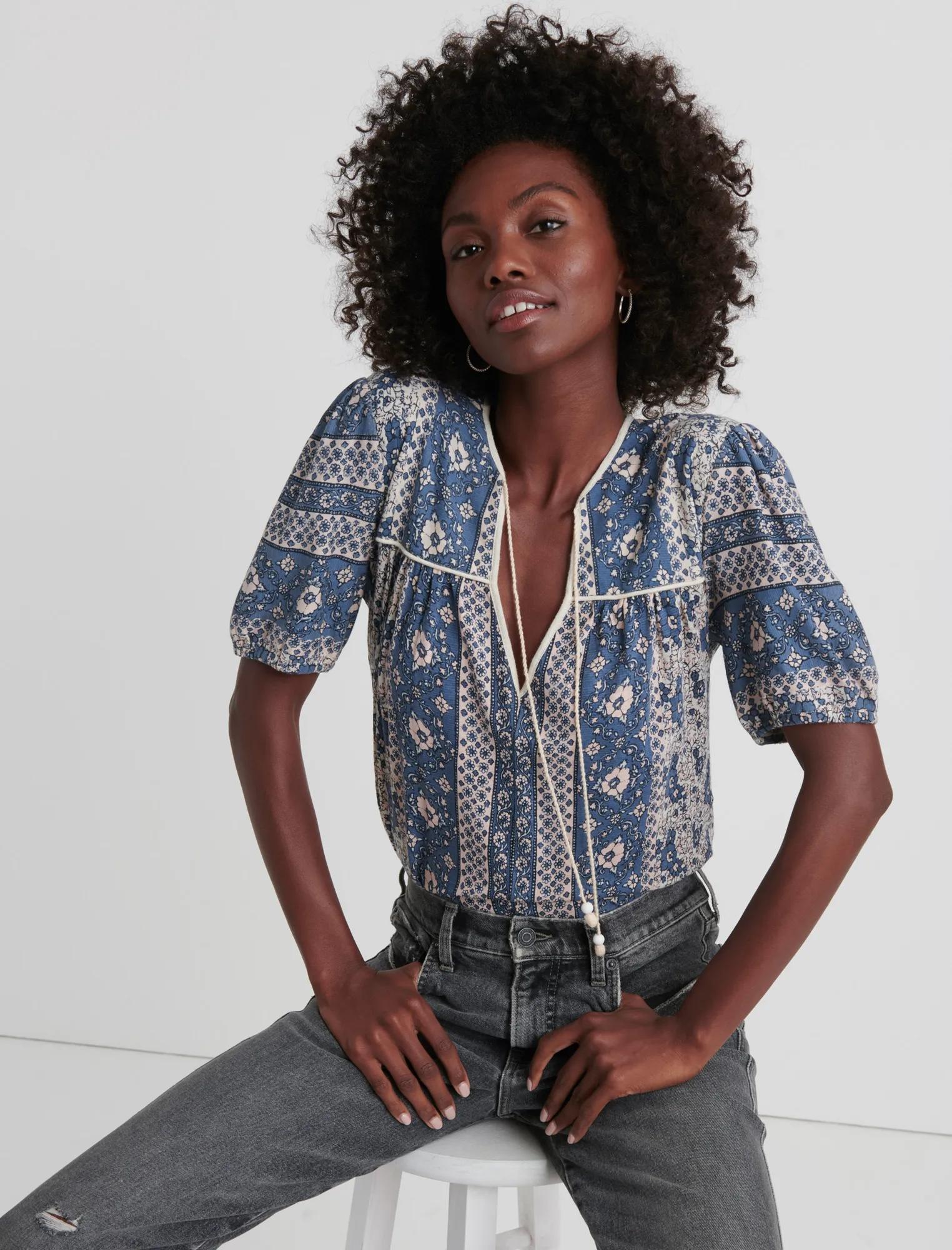 PRINTED SHORT SLEEVE PEASANT TOP, image 4
