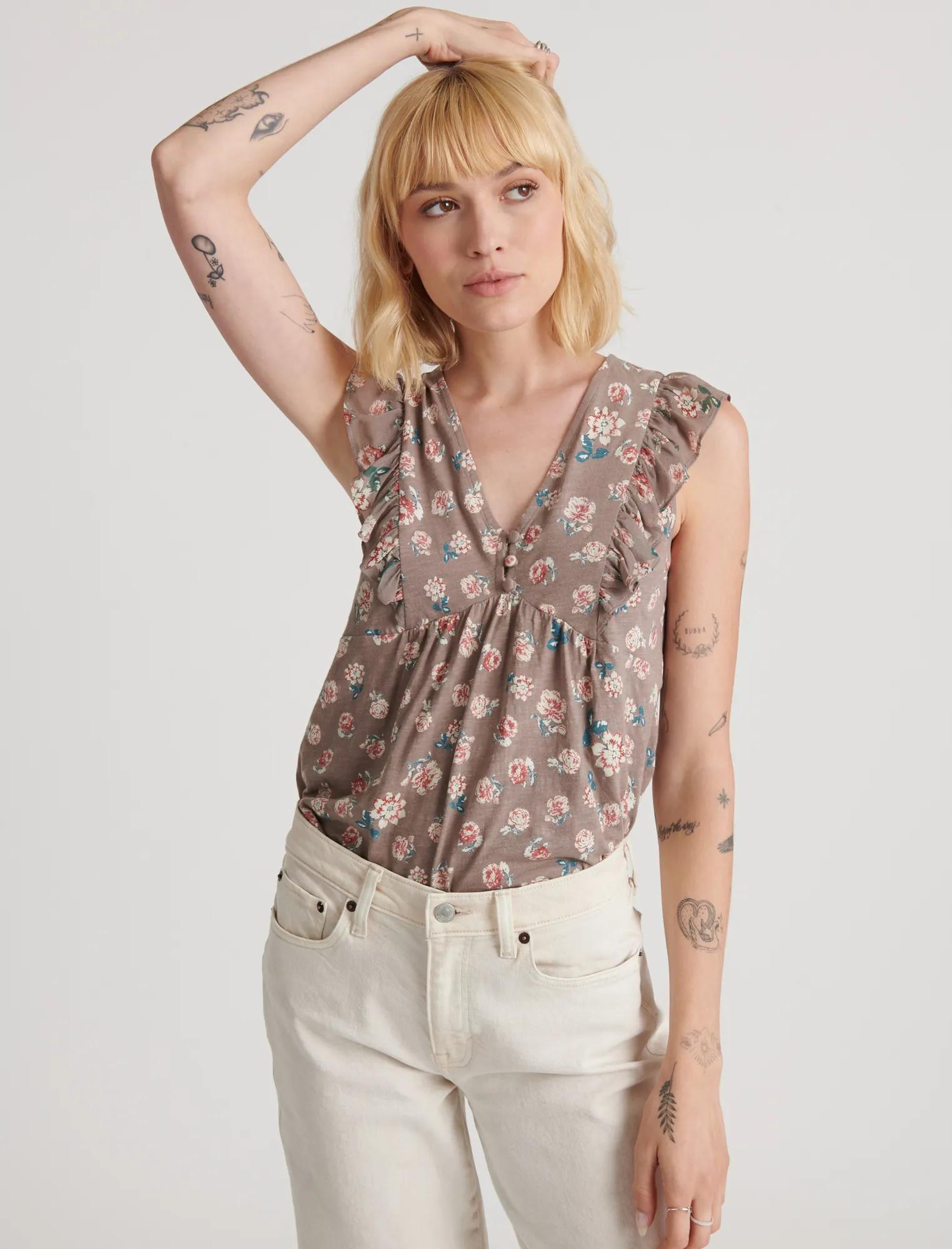 FLUTTER SLEEVE WOVEN KNIT MIX TOP, image 1