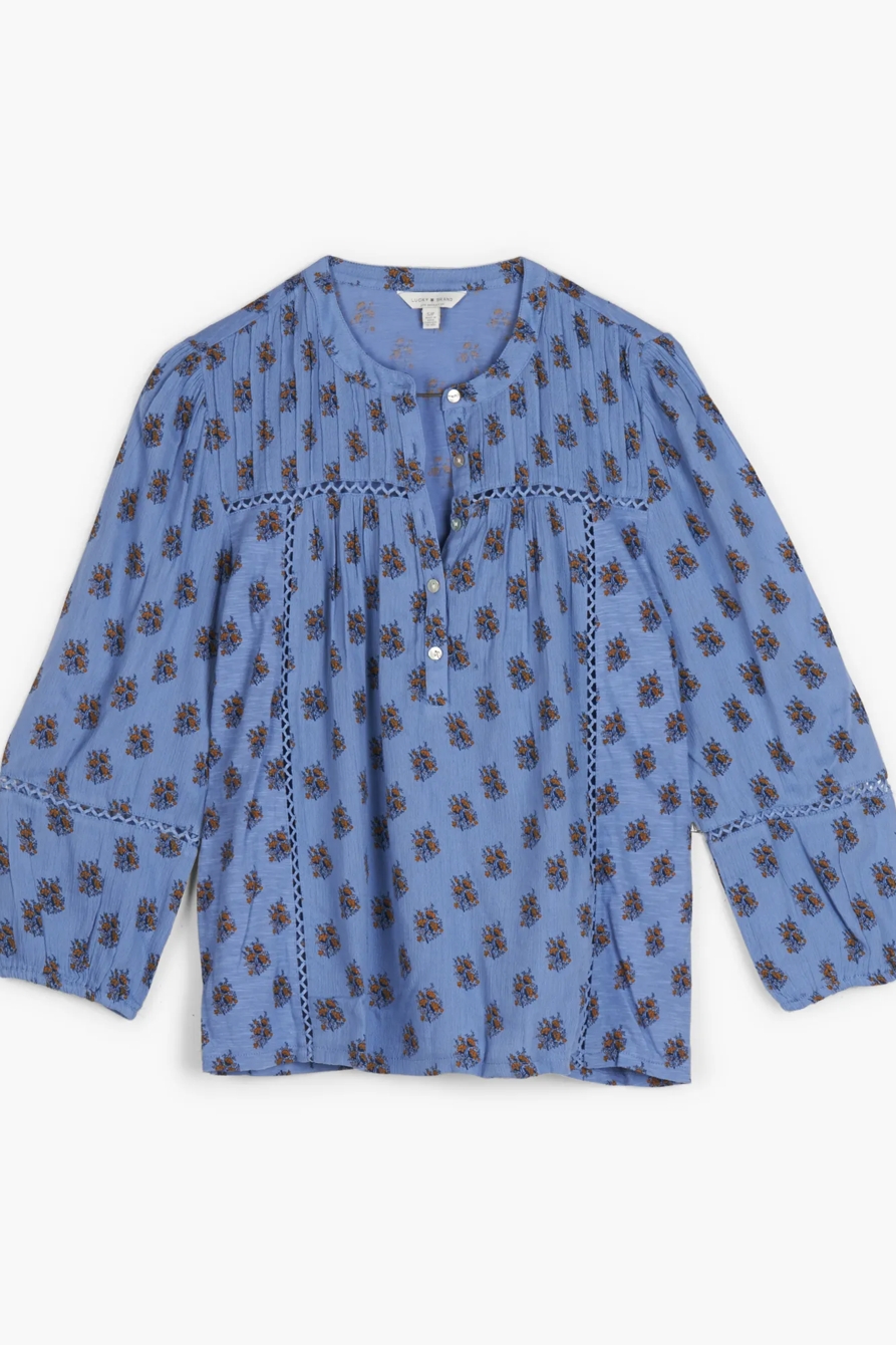 INSET LACE BUTTON UP MOCK NECK TOP, image 1