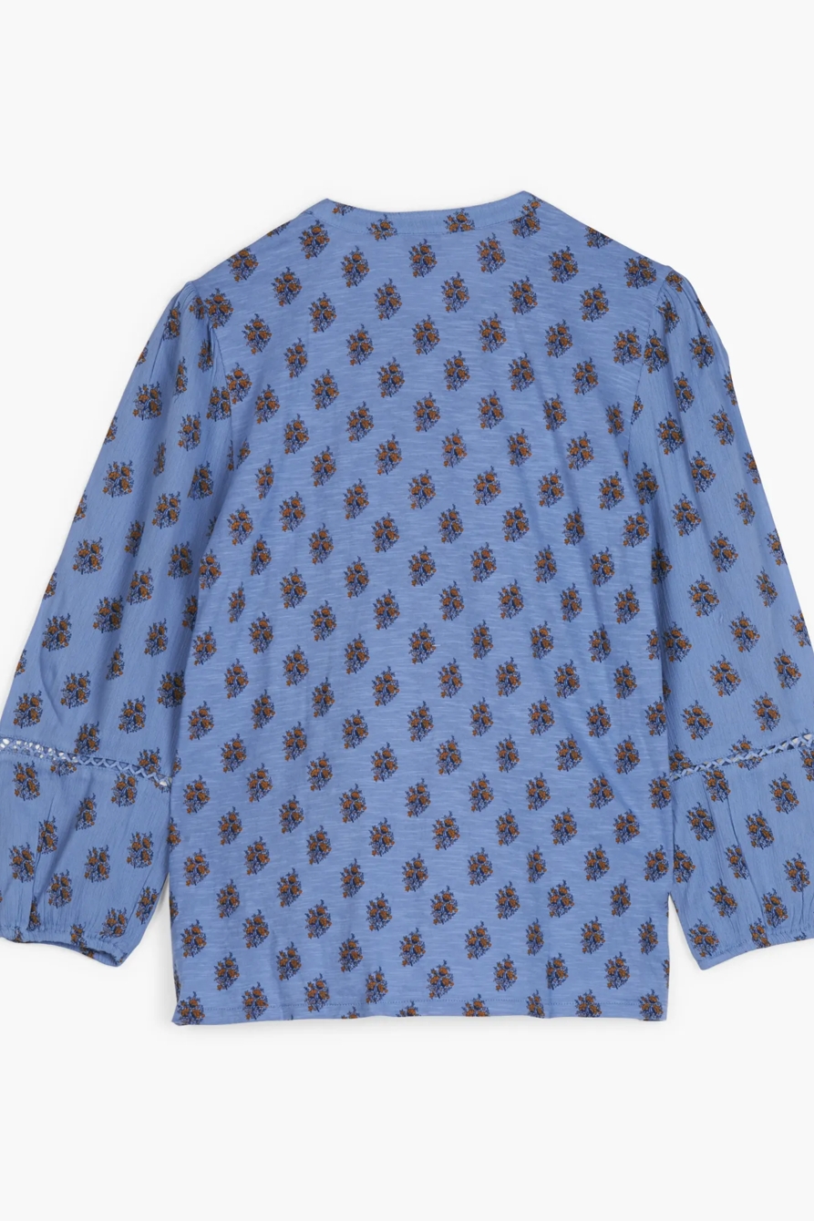 INSET LACE BUTTON UP MOCK NECK TOP, image 2