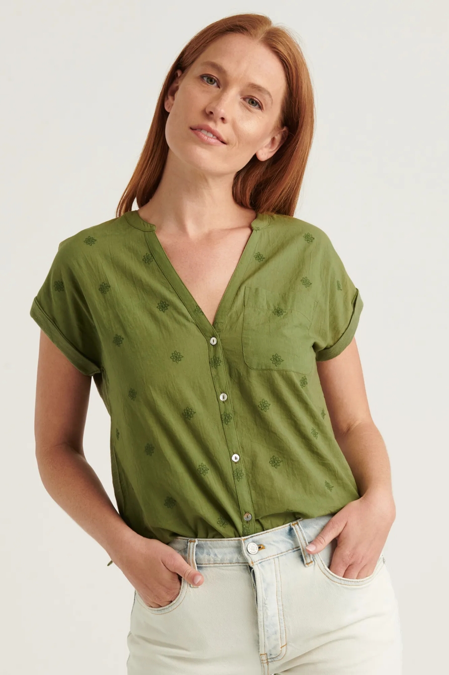SHORT SLEEVE WOVEN MIX BUTTON DOWN TOP, image 1