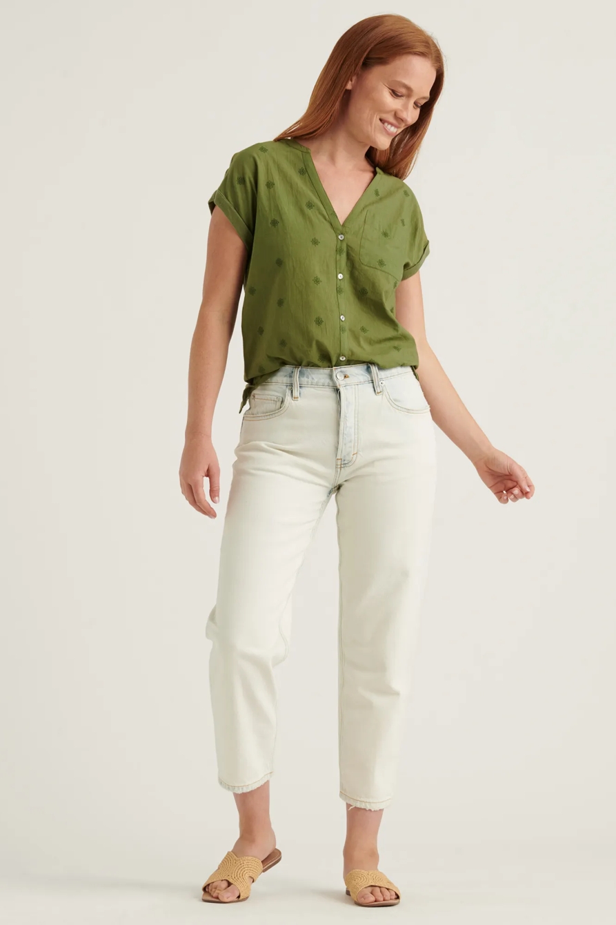 SHORT SLEEVE WOVEN MIX BUTTON DOWN TOP, image 2