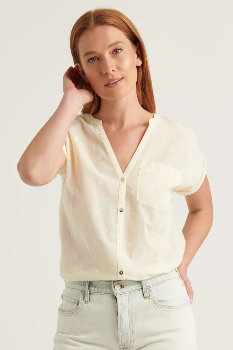 SHORT SLEEVE WOVEN MIX BUTTON DOWN TOP, image 1