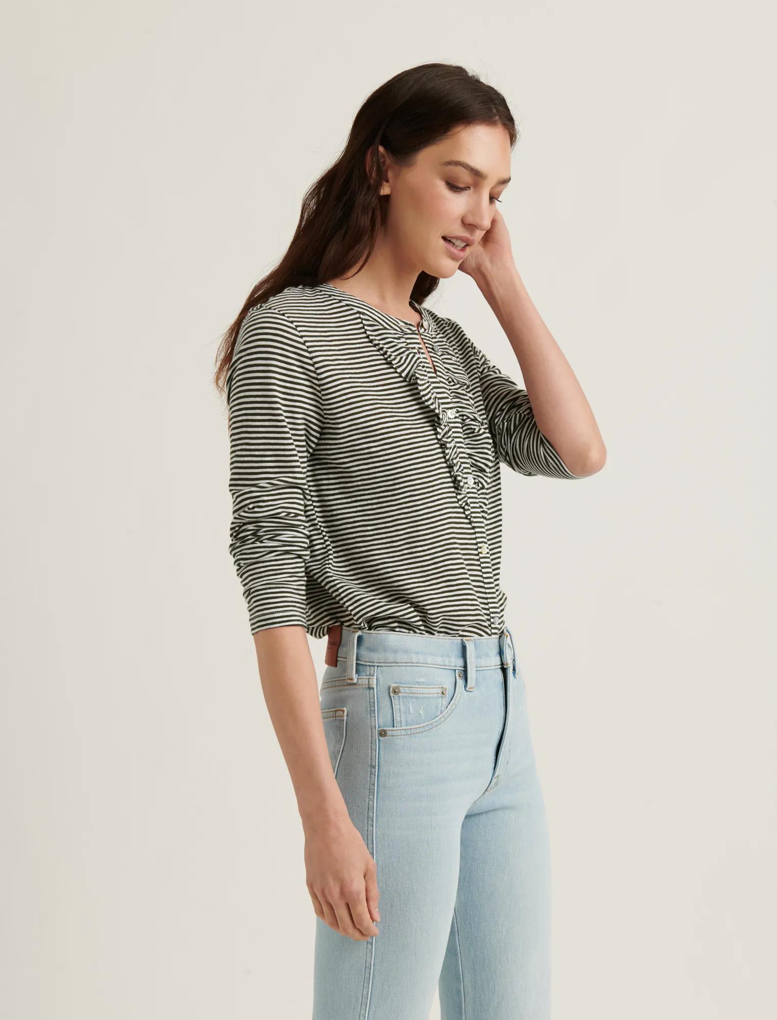 STRIPED RUFFLE HENLEY TOP, image 3