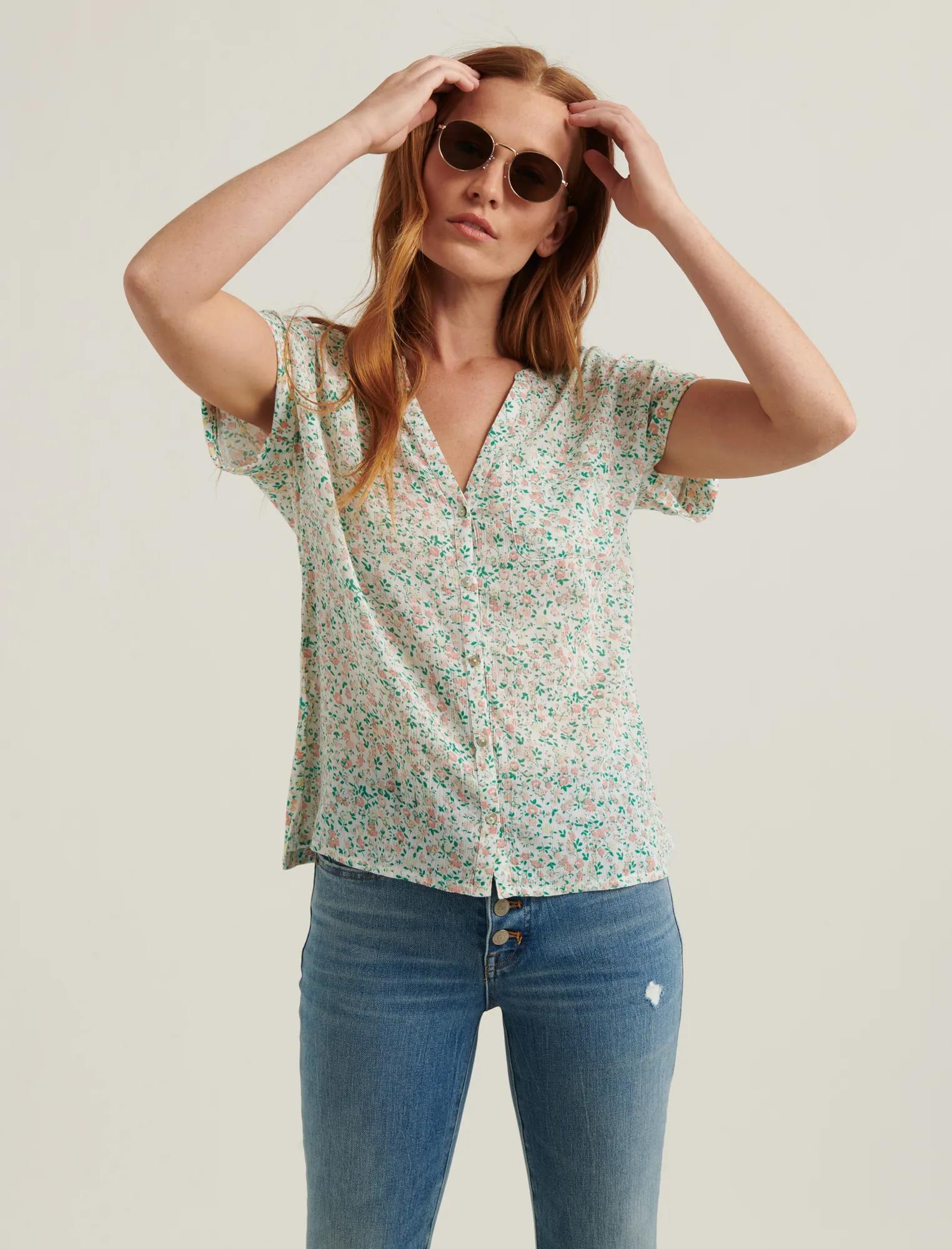 SHORT SLEEVE WOVEN MIX BUTTON DOWN TOP, image 2