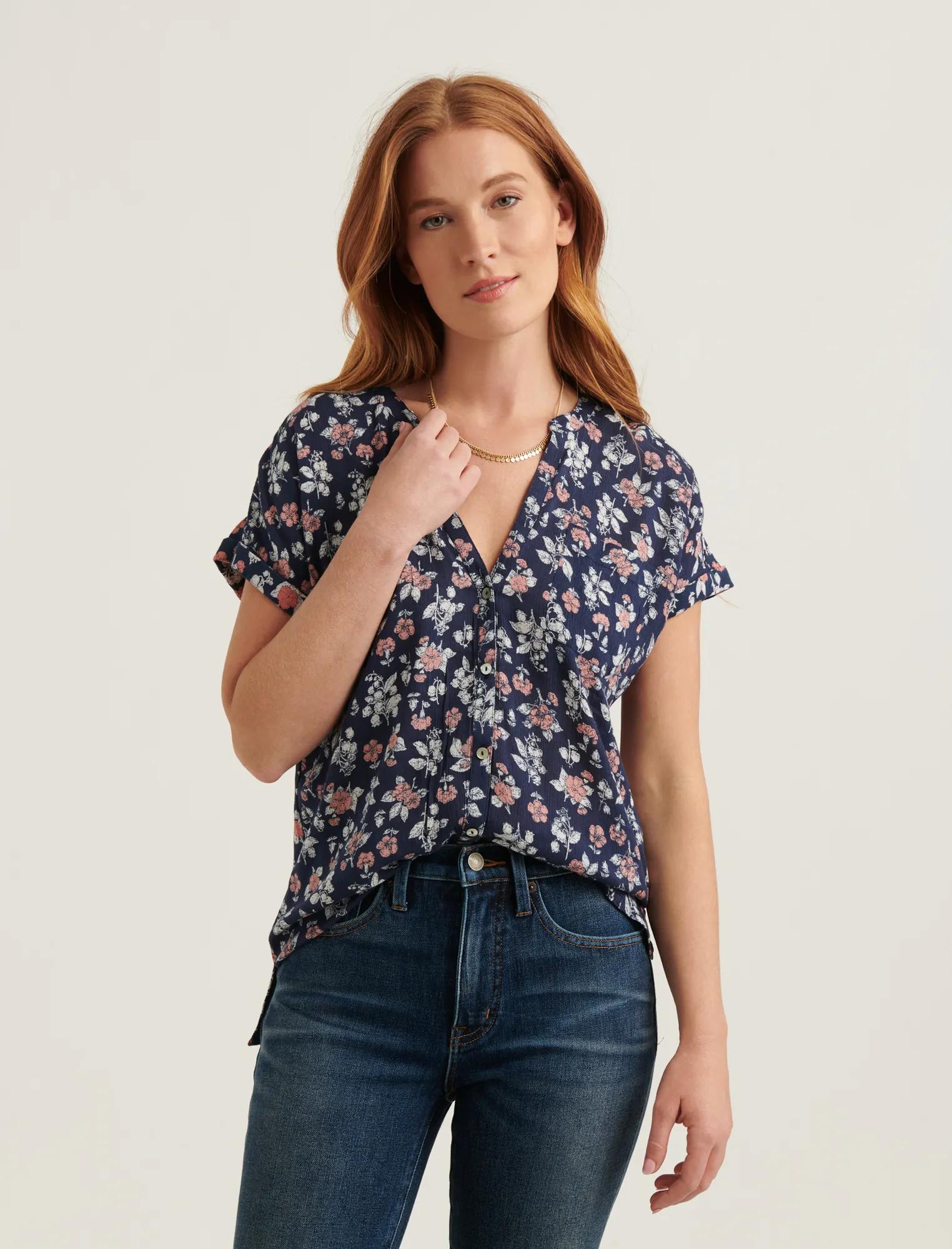 SHORT SLEEVE WOVEN MIX BUTTON DOWN TOP, image 2