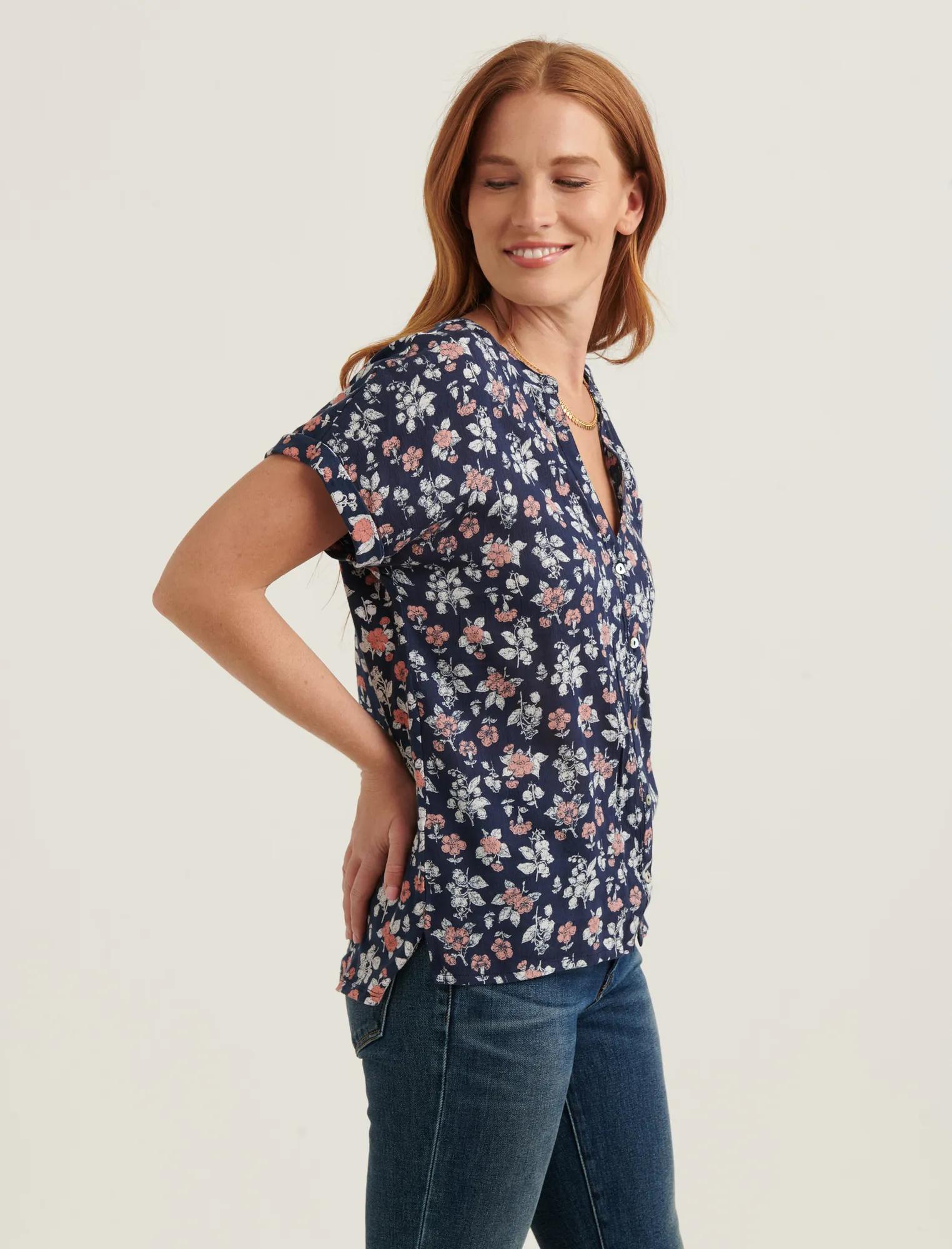 SHORT SLEEVE WOVEN MIX BUTTON DOWN TOP, image 3