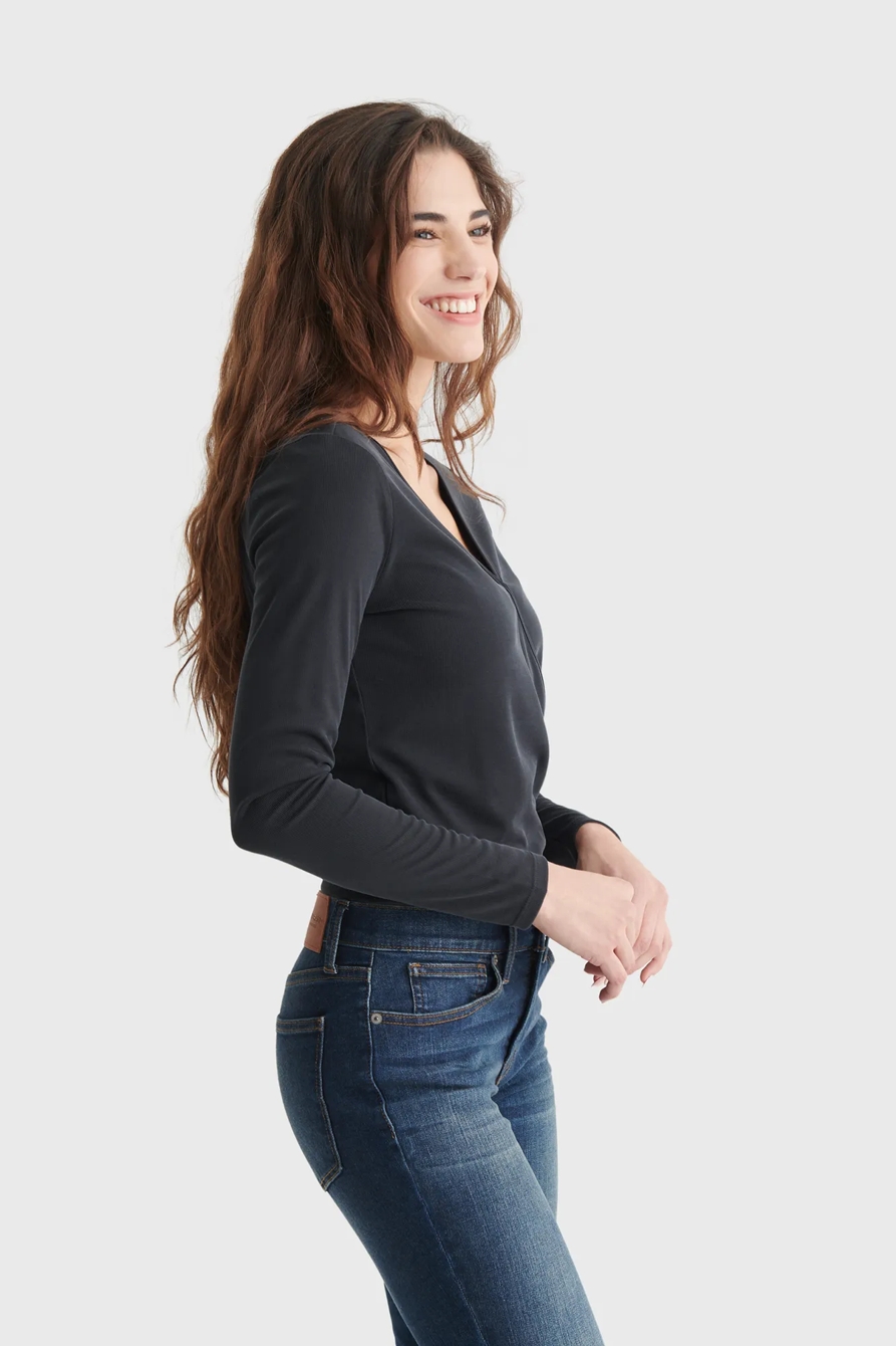 LONG SLEEVE SURPLICE RIB-KNIT TOP, image 3