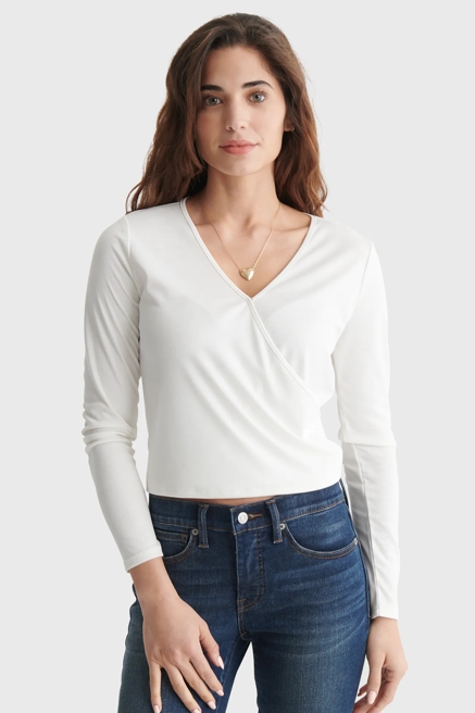 LONG SLEEVE SURPLICE RIB-KNIT TOP, image 1